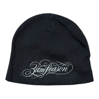 Black beanie with white text on a white background