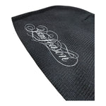 Black knit beanie with white embroidery