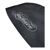 Black knit beanie with white embroidery