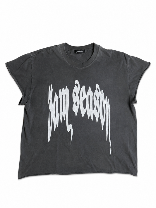 A dark gray cropped t-shirt with '3am Season' printed across the front in a white gothic font, displayed flat against a white background. Shirt means warrior and and when you put it on, you were protected and will always be protected